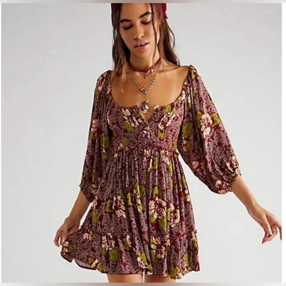 Free People Summer Picnic Printed Mini Dress Raisin - Picture 4 of 7